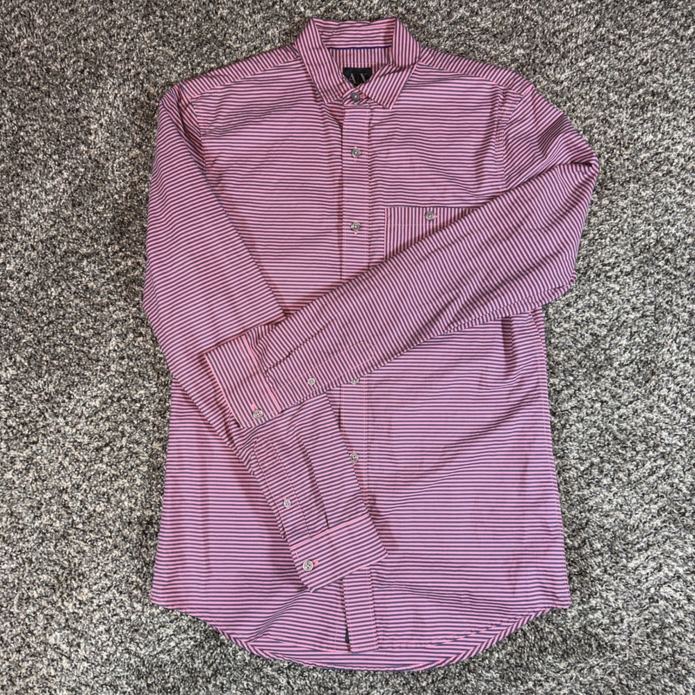 Armani Exchange Mens Small Slim Fit Striped Button Up Shirt Pink Navy Blue
